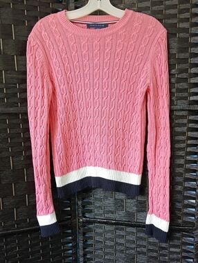 Tommy Hilfiger Pink Cable-Knit Crewneck with Navy White Trim